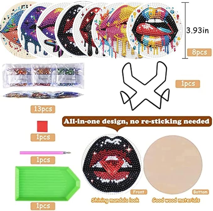 8 Pack Diamond Art Coasters, Sexy lips Diamond Painting Coasters Kits | Lips