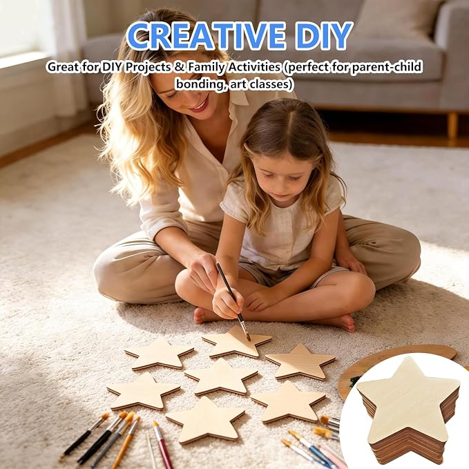 50PCS Wooden Star, Made of Basswood, 4 Inch Unprocessed Wood Pieces, Natural