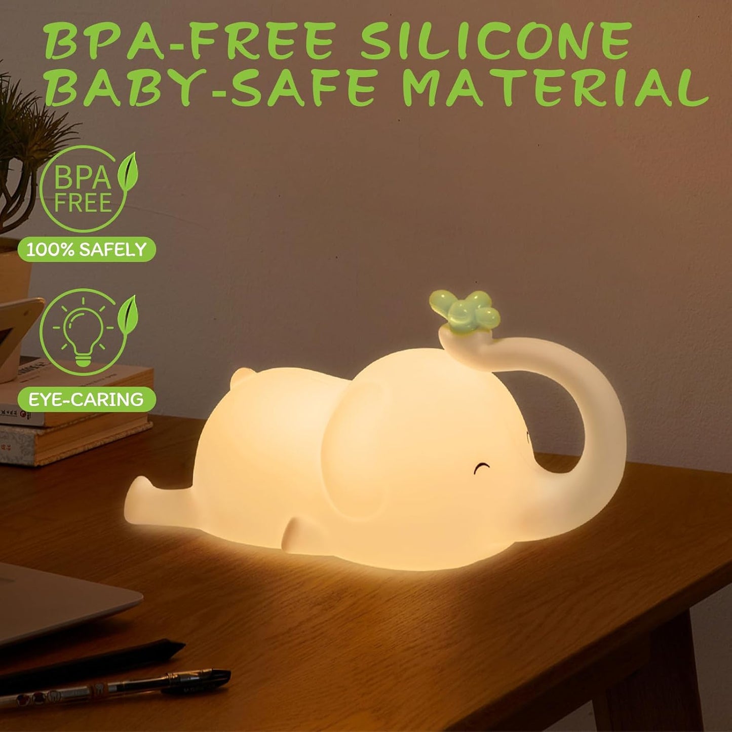 Silicone Night Light for Kids, Squishy Elephant Lamp - 3 Level Dimmable Rechargeable with Timer, Safe Bedside Light for Nursery Toddler Room