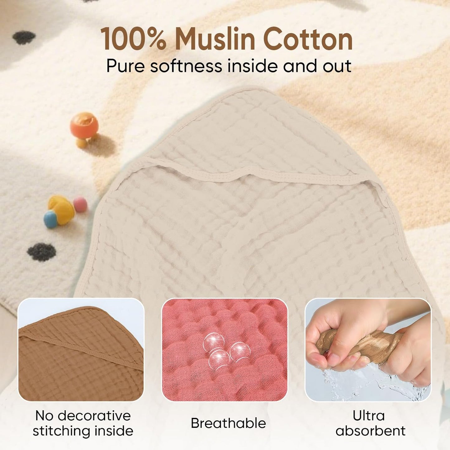 Muslin Hooded Baby Towels 100% Cotton ，Super Soft Muslin Baby Bath Towel - 32 x 32 Inches, Suitable for Newborn and Young Children up to 3 Years Old. (Beige & Coffee)