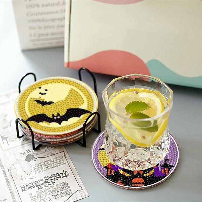 Clendo 8 PCS Halloween Diamond Art Coasters Kits, Cute Diamond Painting Coaster