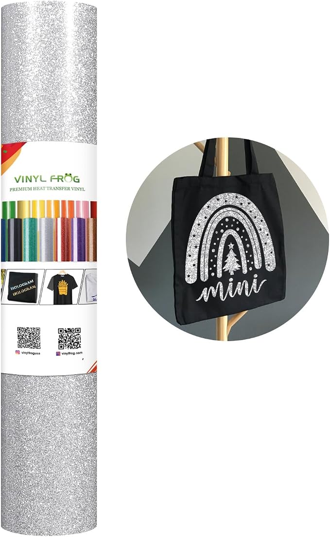 VINYL FROG Glitter HTV Vinyl Heat Transfer Vinyl Roll 12" x 5ft Silver Iron on