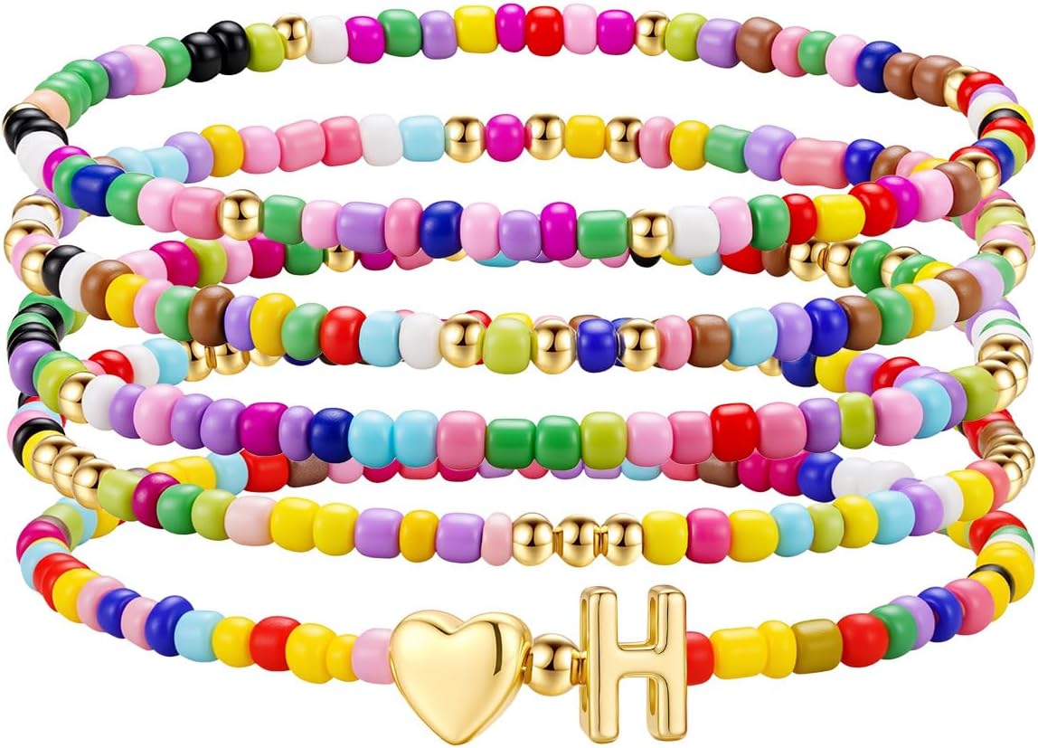 M MOOHAM Stocking Stuffers for Kids Girls Teen - 5PCS Colorful Beaded Initial Bracelets for Women Girls, Cute Stretch Heart Letter Bohemian Stackable Bracelet Birthday Gifts Jewelry for Kids Teen Girl