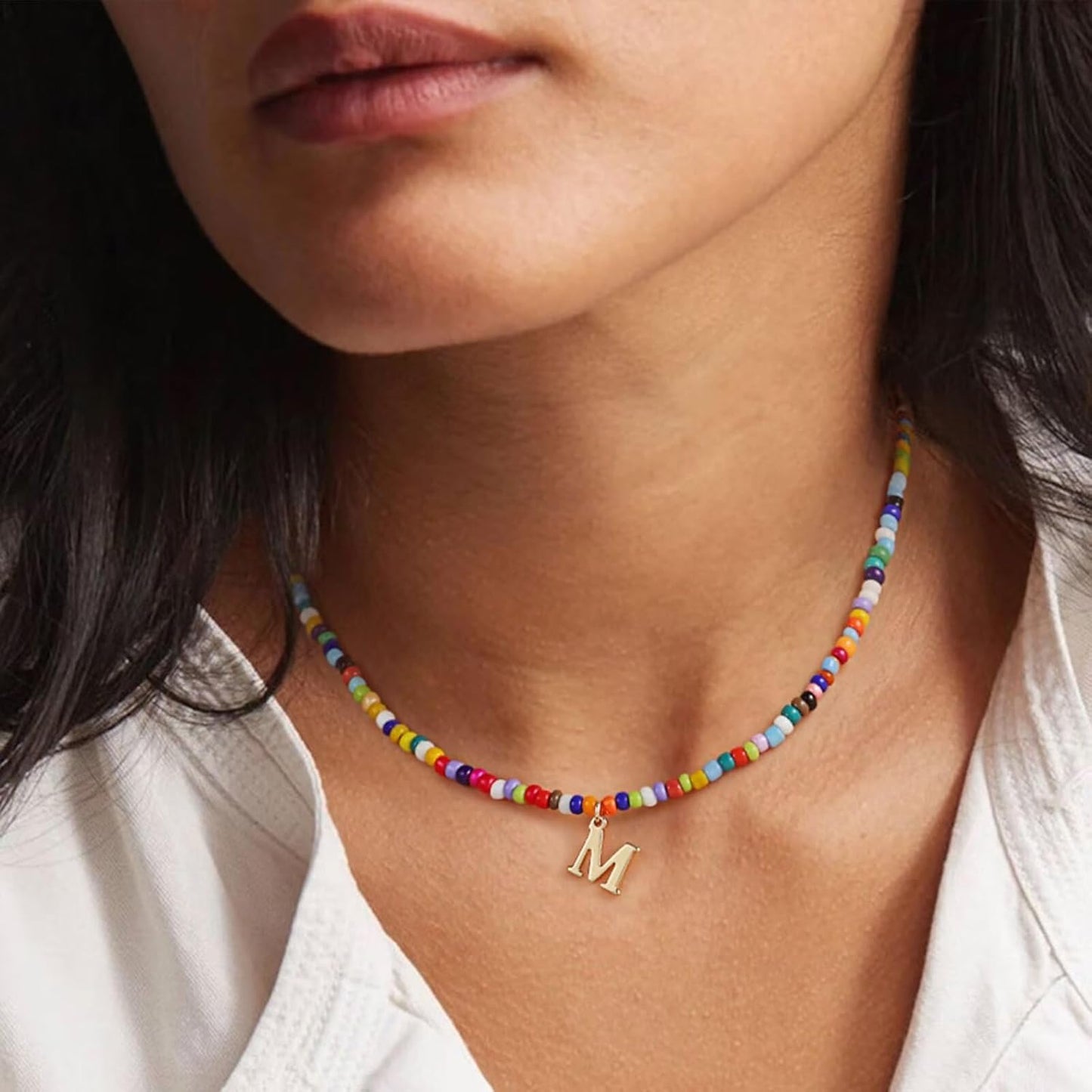 Yoosteel Christmas Gifts for Grandkids Teen Girls - Colorful Beaded Initial Necklace for Girls Kids Jewelry A-Z Letter Choker Necklace Birthday Gifts Stocking Stuffers for Teen Girl Women Kids Toddler