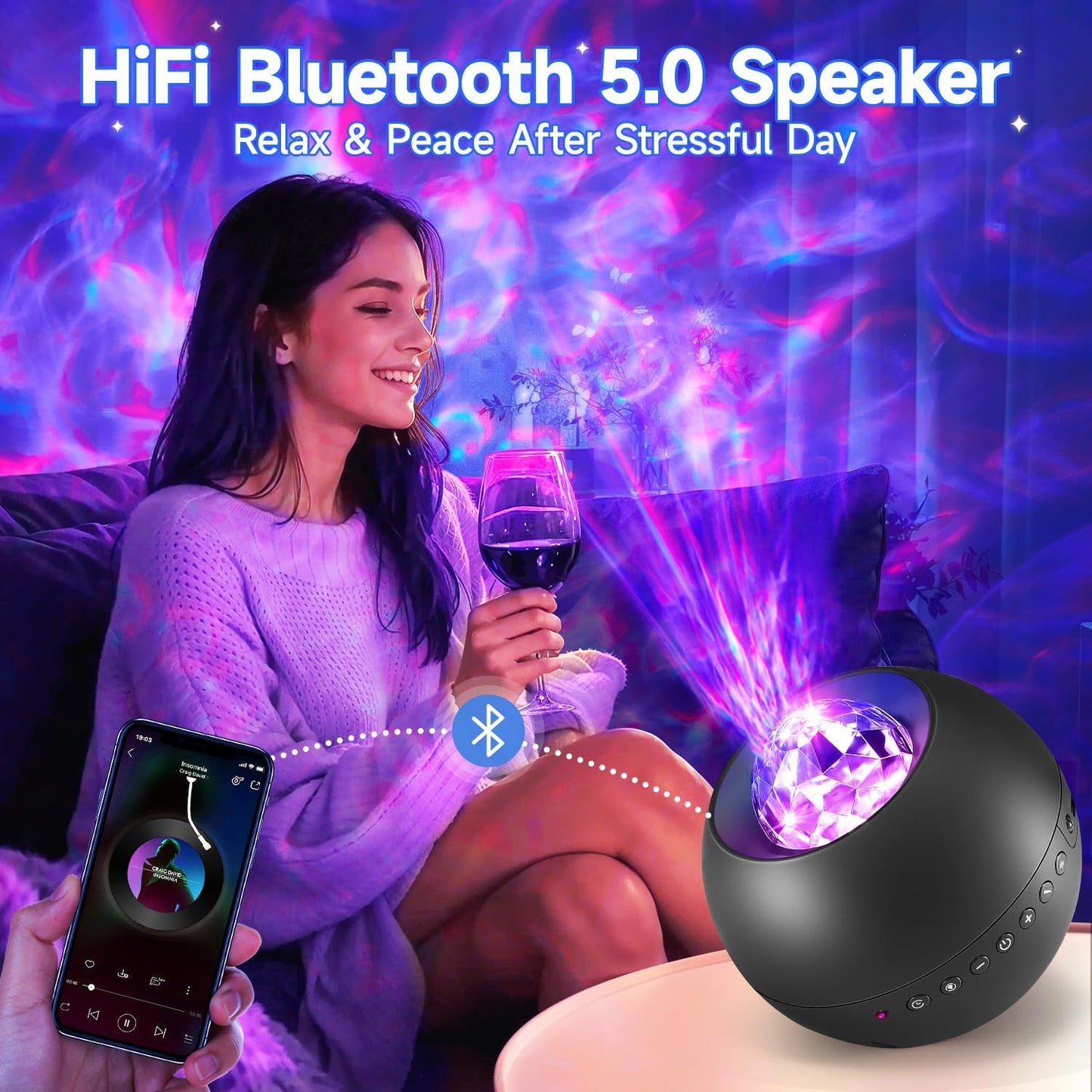 COOLNIGHT Galaxy Light Projector, 210 Light Effects Ceiling Projector with 15 White Noise, HiFi Bluetooth Galaxy Projector for Bedroom, Remote & Timer –Galaxy Projector Lights for Bedroom Adults