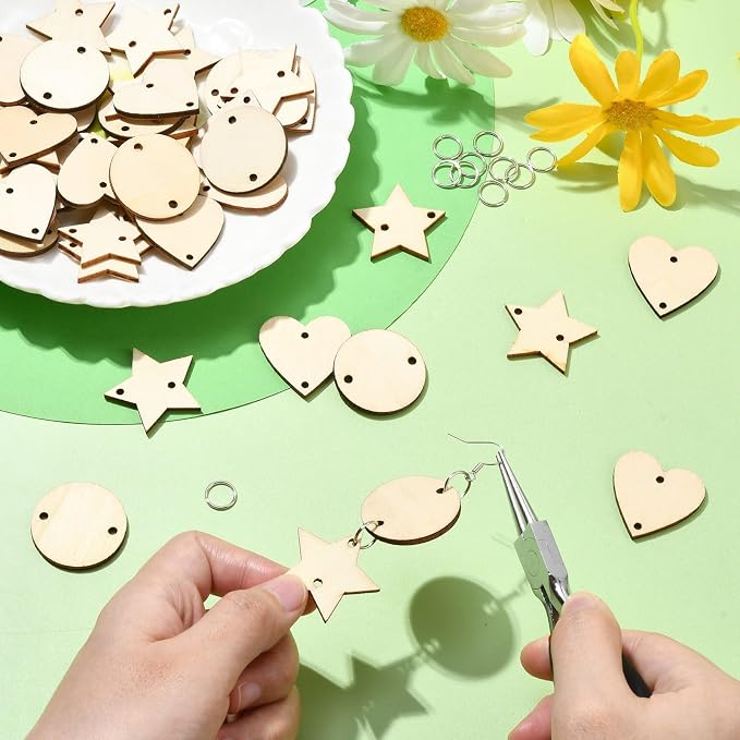 180 pcs 3 Styles Heart Star Theme Unfinished Wood Cutout Charms Flat Round