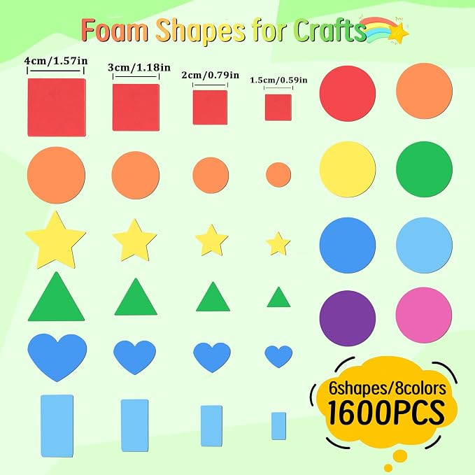 1600Pcs Foam Stickers, 8 Colors Foam Shape Stickers