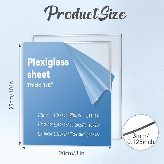 2 Pack Clear Plexiglass Sheets 1/8 inch Thick 8×10In Custom Size Plexiglass