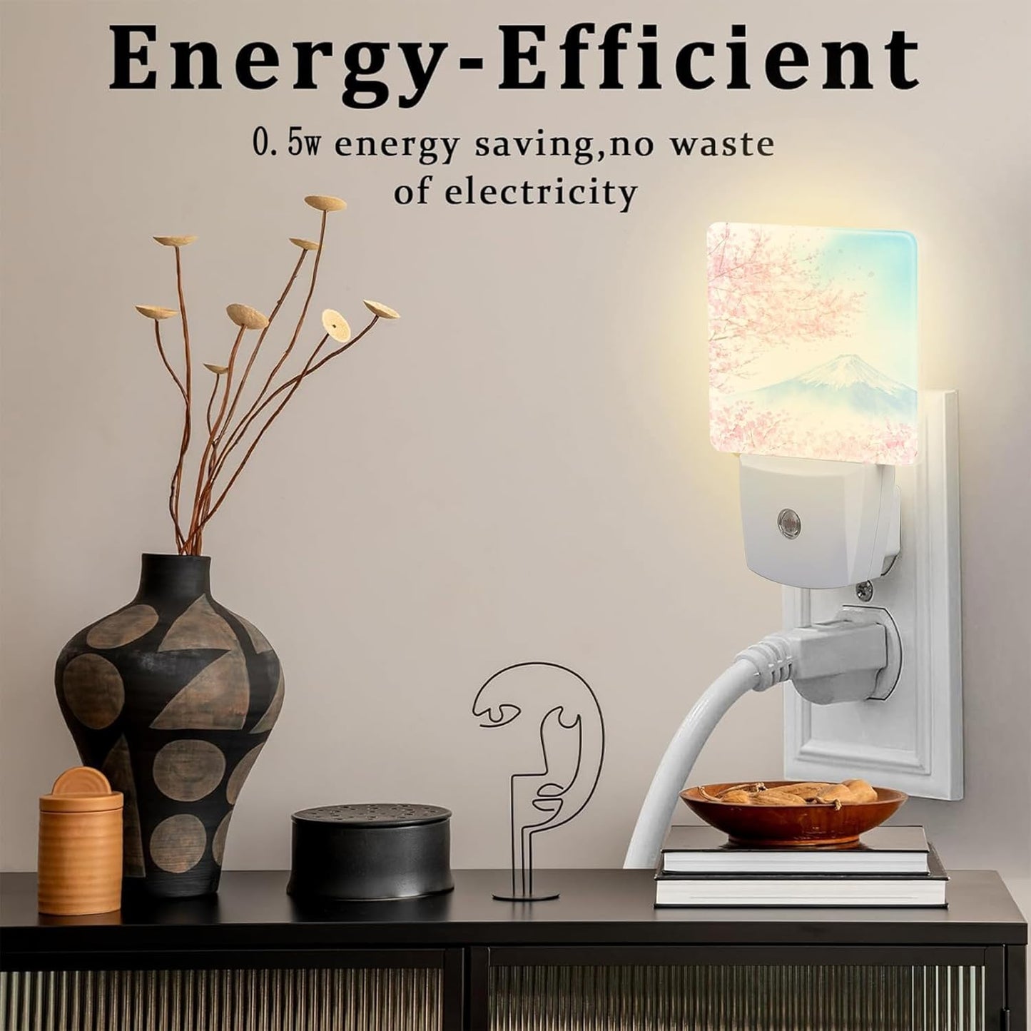 Cherry Blossoms with Mountain Fuji Night Light Plug into Wall, Watercolor Pink Flowers Dusk to Dawn Night Light,0.5w Energy Saving Sleep Friendly Nightlights for Kids Boys Girls Home