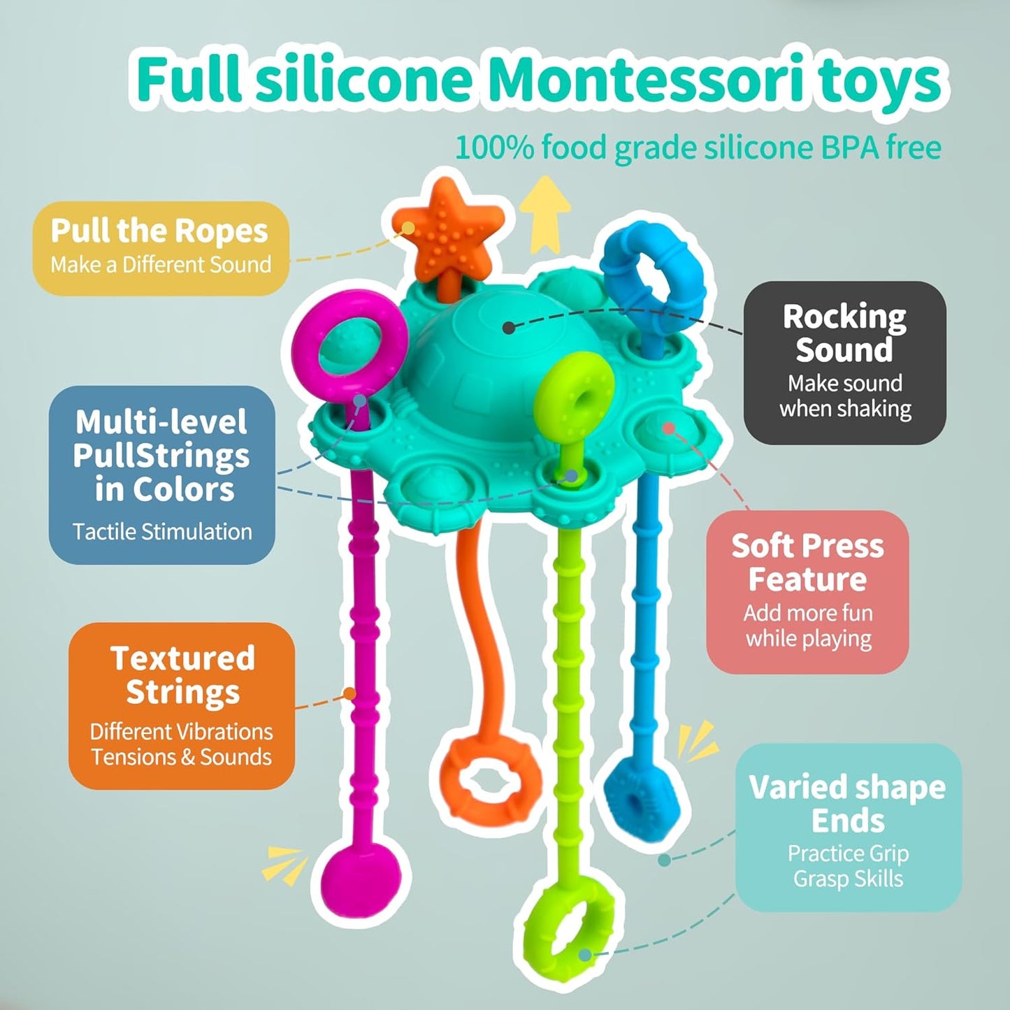 Montesorri-Toys - Montessori Pull String Toy - Made of 100% Food Grade Silicone with Built-in Rattle Function and Easy to Clean Design (Spearmint)