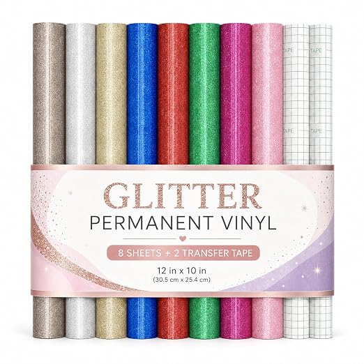 Glitter Permanent Vinyl, 8 Pack 12" x 10" Sparkle Glitter Adhesive Vinyl Sheets