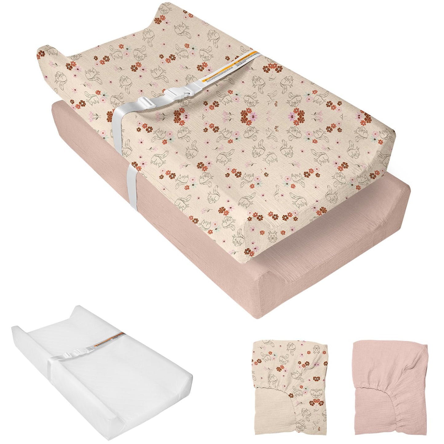 Muslin Baby Changing Pad, 2 Pack Muslin Soft Cotton Covers & Waterproof Lining Foam Diaper Changing Table Pad 32" x 16.6" Mat for Dressers