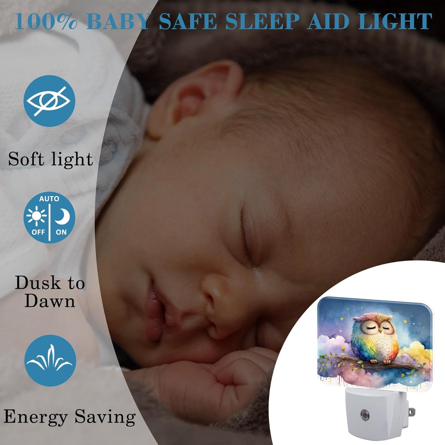 Cute Watercolor Sleeping Owl Night Light for Kids Girls Boys, Cartoon Owl LED Night Light Plug into Wall with Dusk to Dawn Sensor for Bedroom, Hallway, Kitchen, Bathroom, Stairs Decor