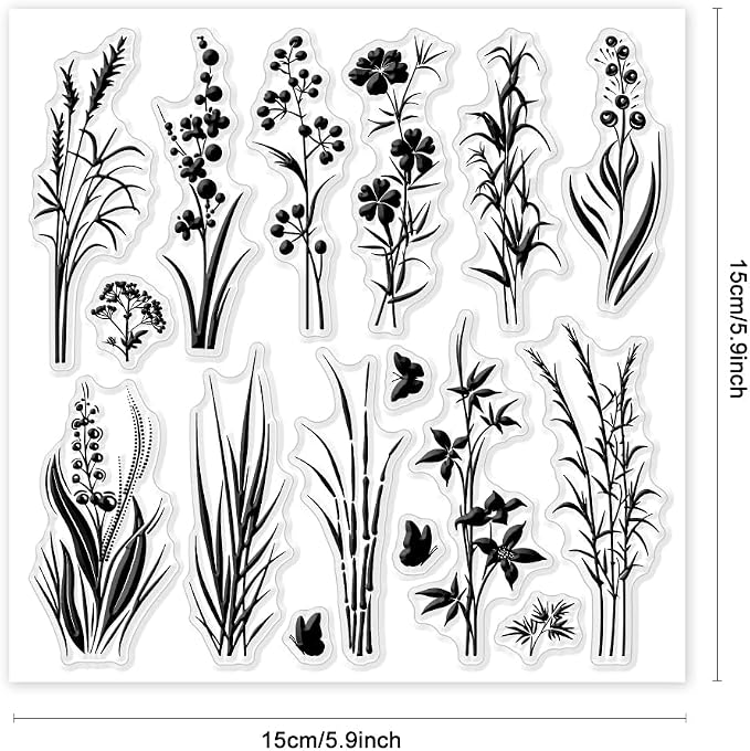 GLOBLELAND Plants Silhouettes Clear Stamps 5.91x5.91 inch Wildflowers Grass