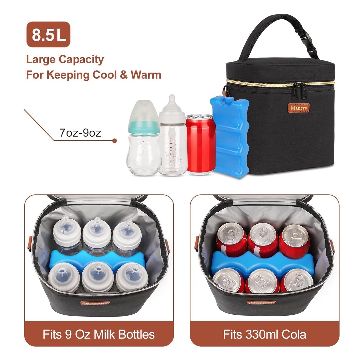 Mancro Insulated Baby Bottle Cooler Bag with Ice Pack, Breastmilk Storage Tote Fits 6 x 9oz Bottles, Waterproof Bottle Bag Companion for Breastfeeding Moms，Cream & Light Brown