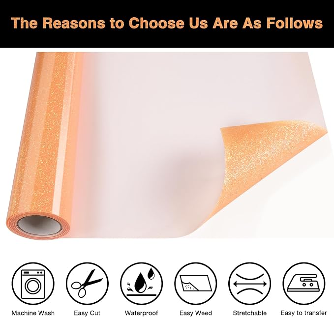 Orange Glitter HTV Heat Transfer Vinyl Roll 12inch x 5 ft