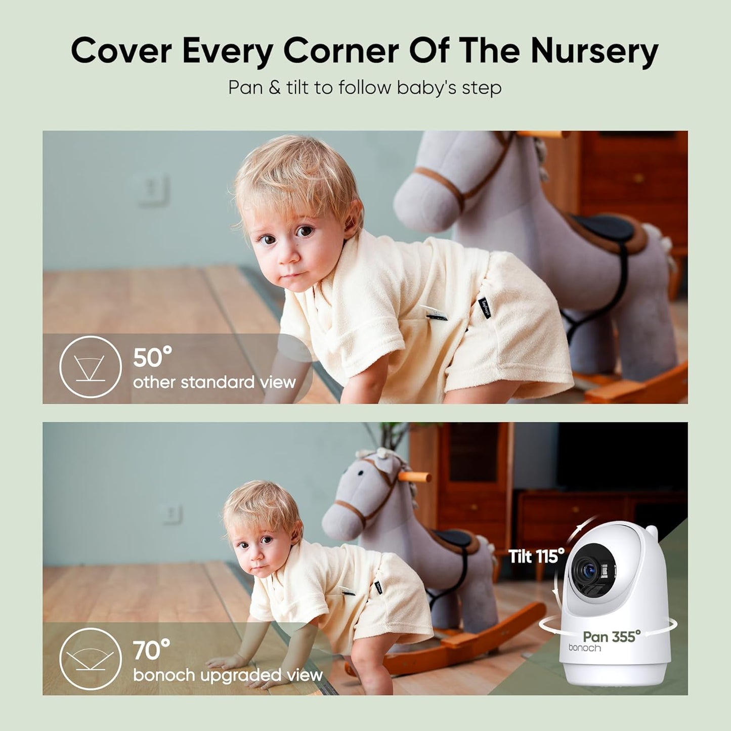 bonoch Add-on Baby Camera Unit for BBM03/ BBM05/07/09, 720p HD Video Baby Monitor Camera No WiFi, Security Split-Screen, Auto Night Vision, 4X Zoom, 2-Way Audio, Temperature Sensor, 8 Lullabies