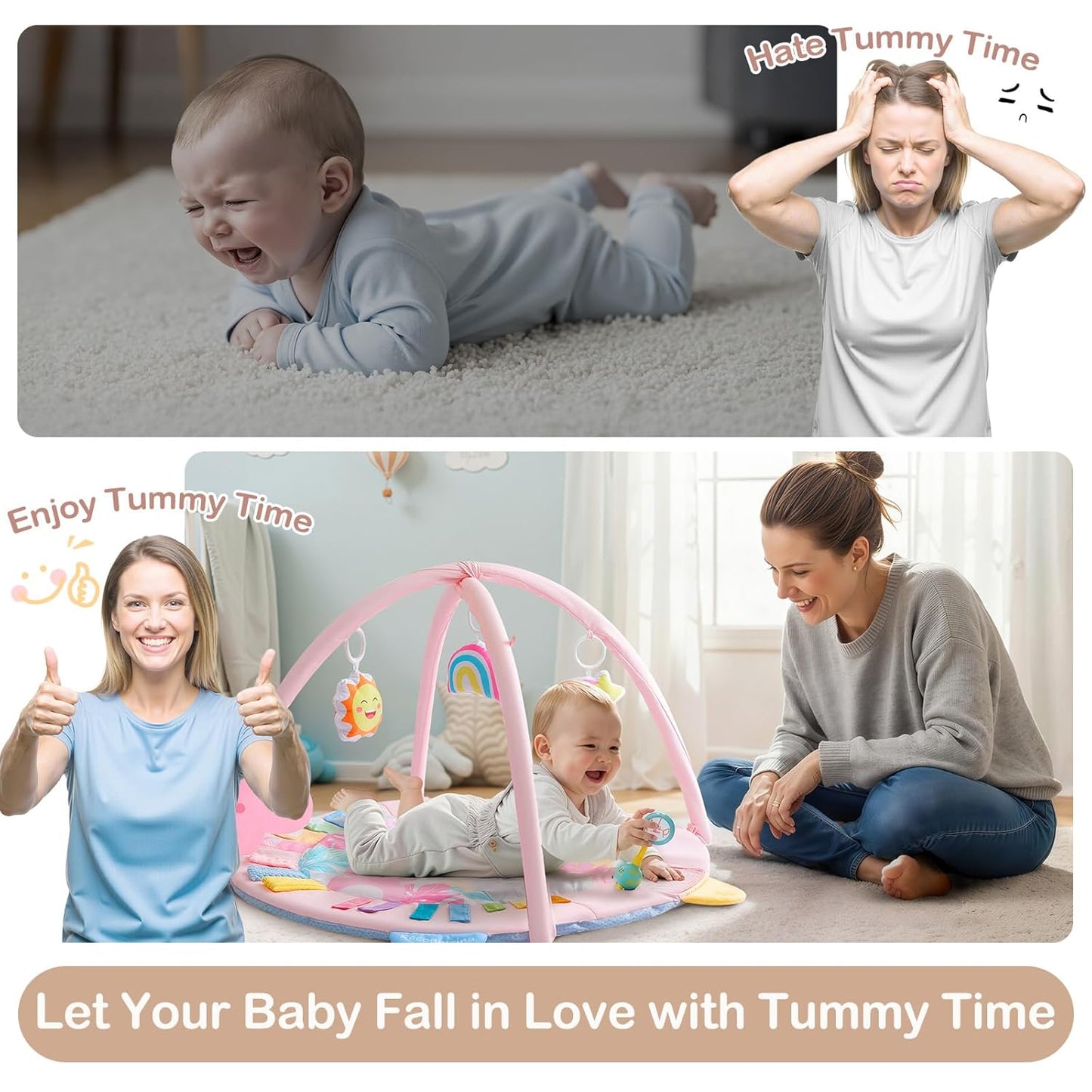 Baby Play Gym Mat Tummy Time Mat, Washable Baby Activity Play Mat for Sensory, Visual, Hearing, Touch Development, Baby Toys Shower Gift for Newborn