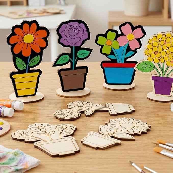 24 PCS Wooden Flower Crafts to Paint, Unfinished Wooden Flowers Spring Slices