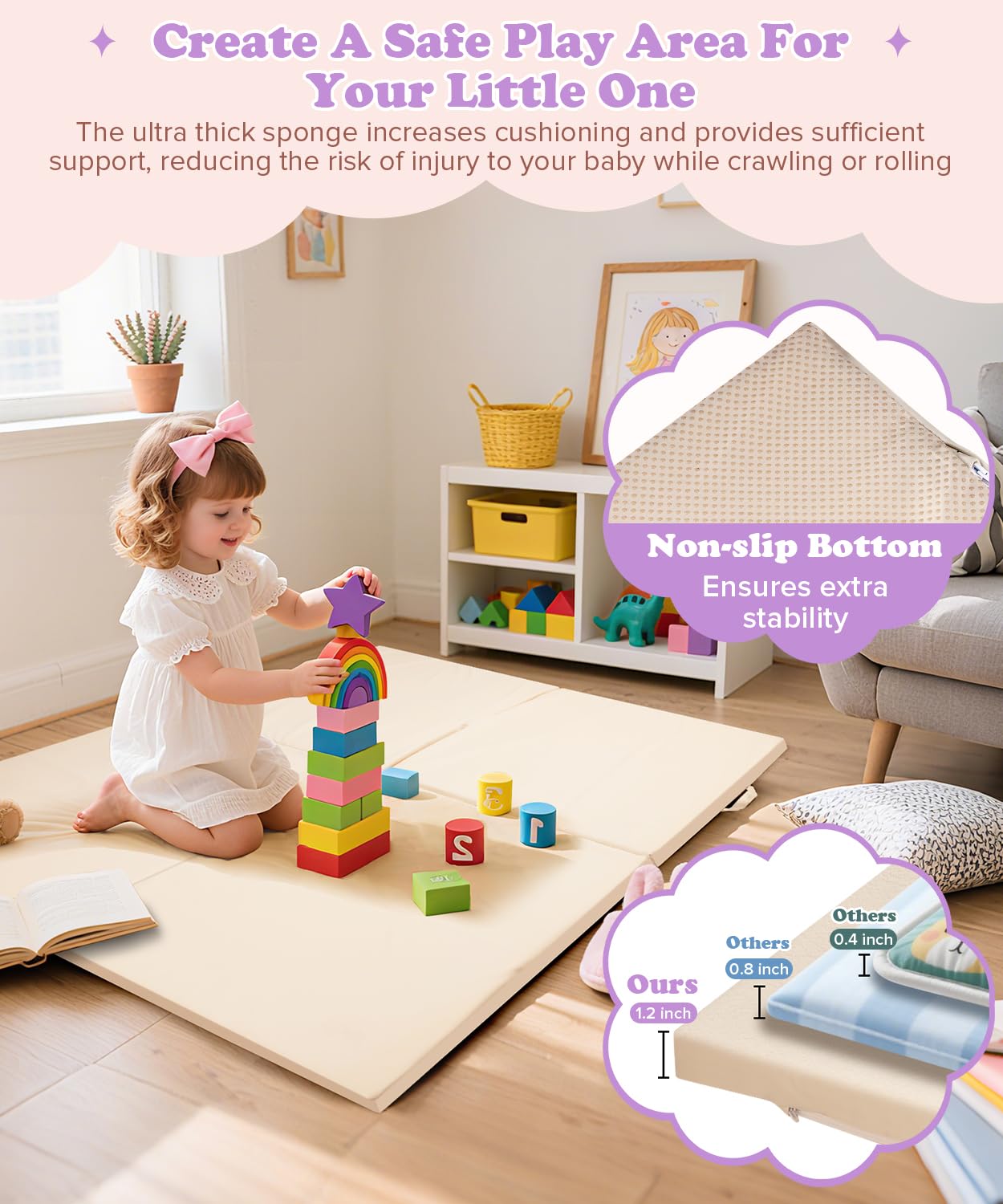 59x59Inch Baby Play Mat Foldable | Waterproof Playmat Infant | Soft Padded Foam Floor Mat for Kids Playroom | Non-Slip Crawling Removable Cover Washable Crawling Playmat Child