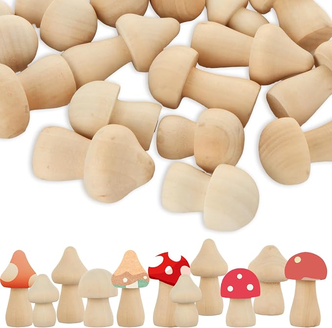 60Pcs Wooden Mushrooms, 6 Sizes of Natural Unfinished Wooden Mushroom, Wood