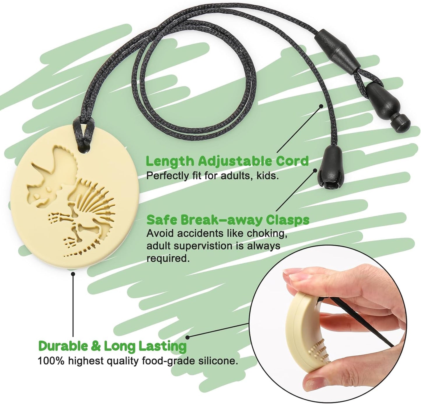 Sensory Chew Necklaces for Aggressive Chewers - Silicone Chewelry for Autism, ADHD, Oral Motor Therapy & Baby Teething - Dinosaur (BPA-Free, Textured Surface)