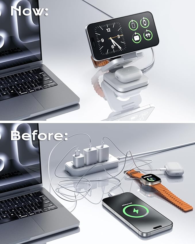 Qi2 Certified 3 in 1 Travel Charger MagSafe Compatible, Upgraded Foldable Wireless Charger Stand, Mag-Safe 3 in 1 Charging Station,15W Fast Charging for iPhone 17/16/15/14/13/12, Apple Watch, AirPods