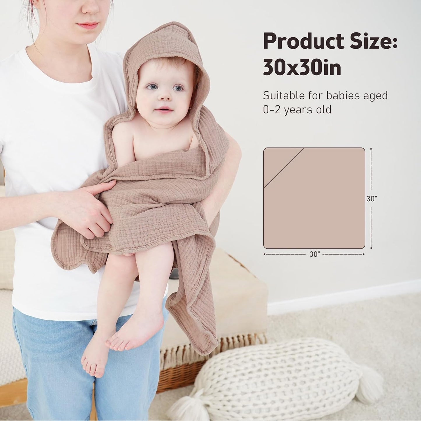 Susurration Hooded Baby Towels for Newborn 2 Pack 100% Muslin Cotton Towel for Babies，Highly Absorbent and Newborn Essential 30x30 Inch Beige&Sand