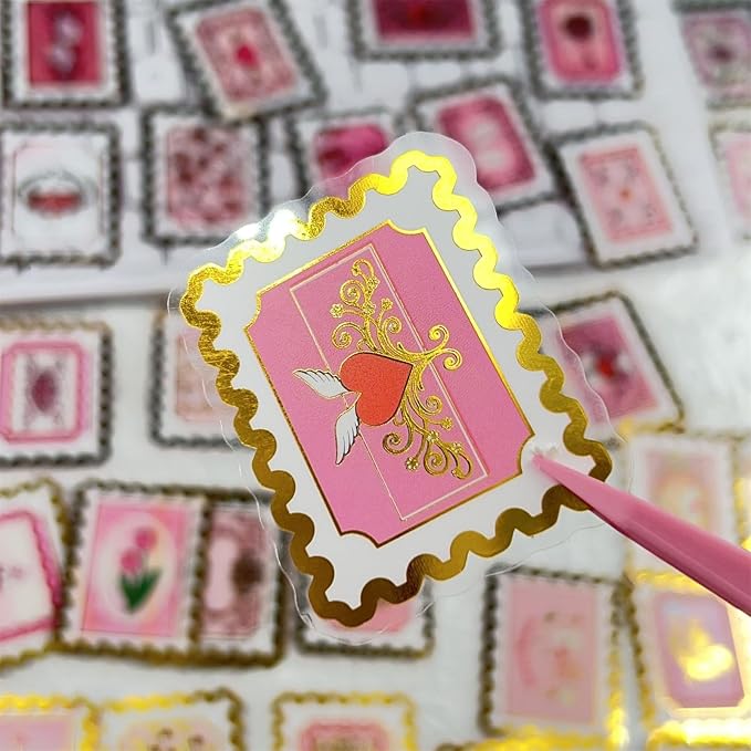 50 Pieces of Gold-Embossed Cartoon Love Stamp Stickers, Suitable
