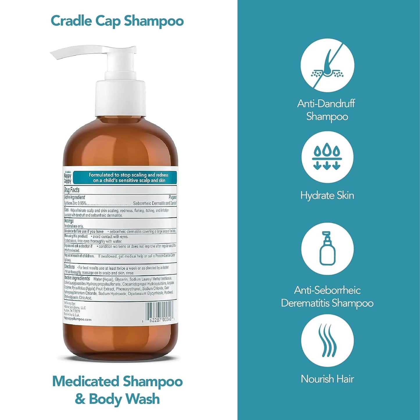 Happy Cappy Medicated Shampoo and Body Wash- Baby Dandruff Shampoo, Helps Cradle Cap and Seborrheic Dermatitis, Reduces Flakes and Redness, Dermatologist Tested, Fragrance-Free - 8 Fl Oz