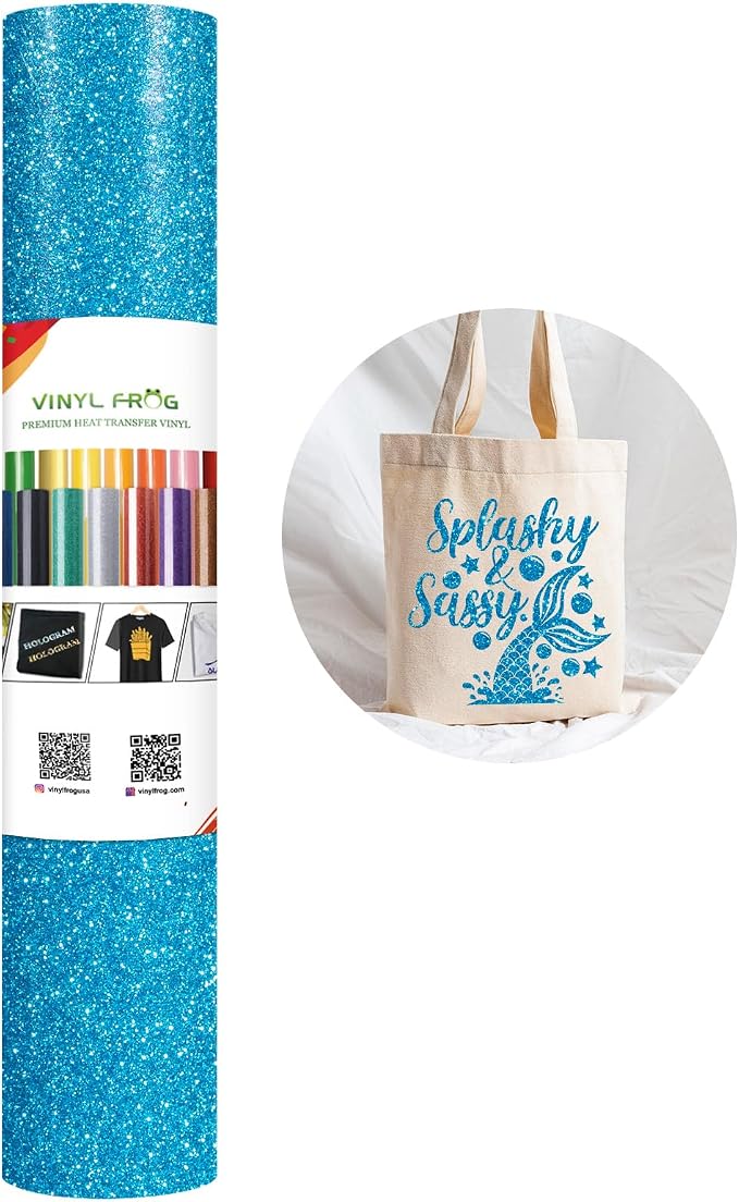 VINYL FROG Glitter HTV Vinyl 10" x5ft Heat Transfer Vinyl Roll Blue Iron on