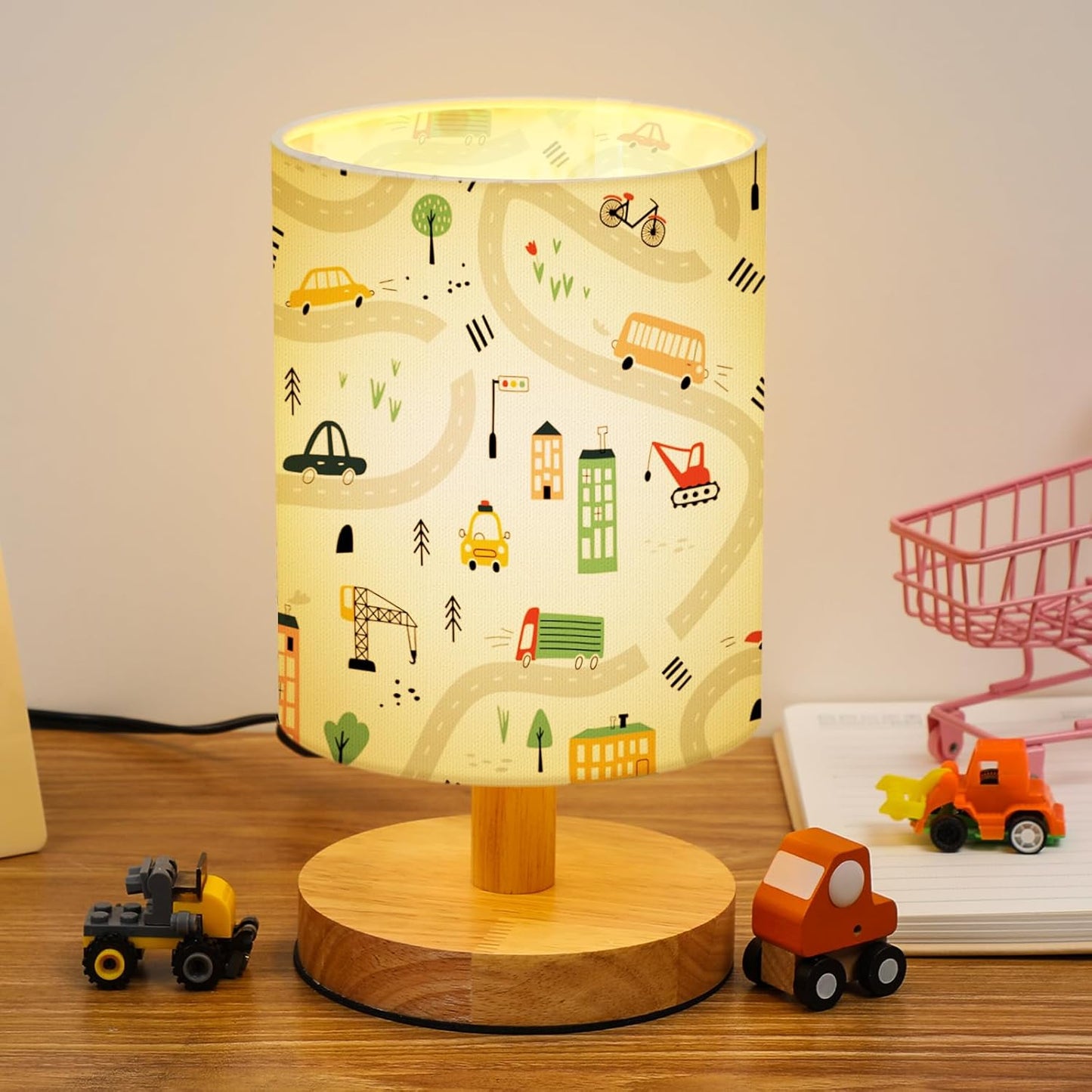 VIHOSE Transportation Kids Table Lamp for Bedroom Kids Bedside Lamp with Linen Wooden Nightstand Cartoon Nursery Lampshade for Girls Boys Living Room