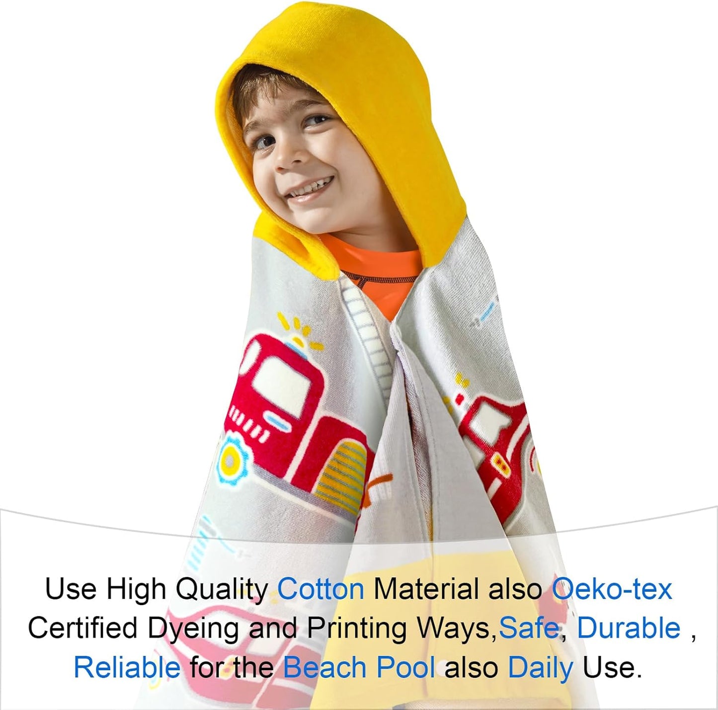 VOOVA & MOVAS Kids Bath Towels for Boys, Ages 3-10, 30''X50, | Soft Thick Absorbent Cotton, Beach | Pool | Bath Hooded Towels, Yellow Fire Truck