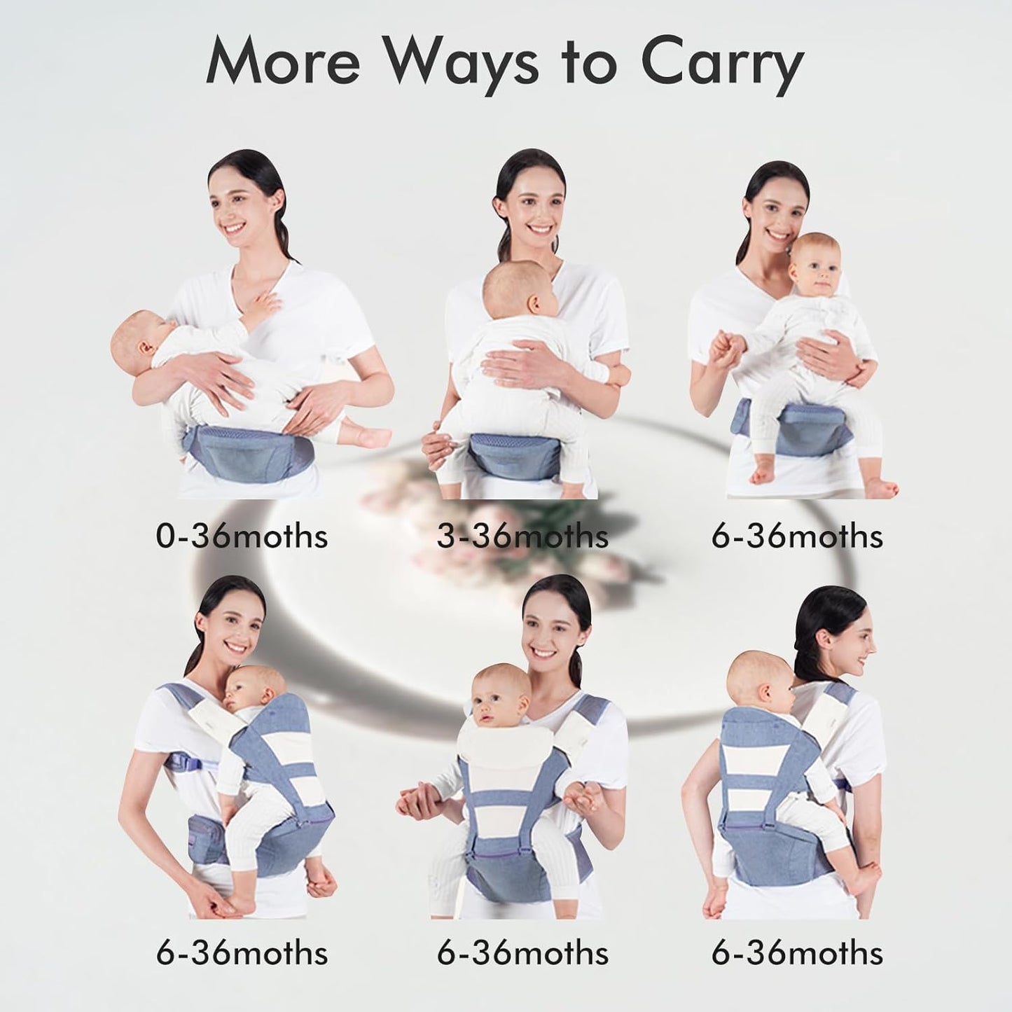 Baby Carrier, Bellababy Multifunction Baby Carrier Hip Seat (Ergonomic M Position) for 3-36 Month Baby, 6-in-1 Ways to Carry, All Seasons, Adjustable Size, Perfect for Shopping Travelling (Grey)