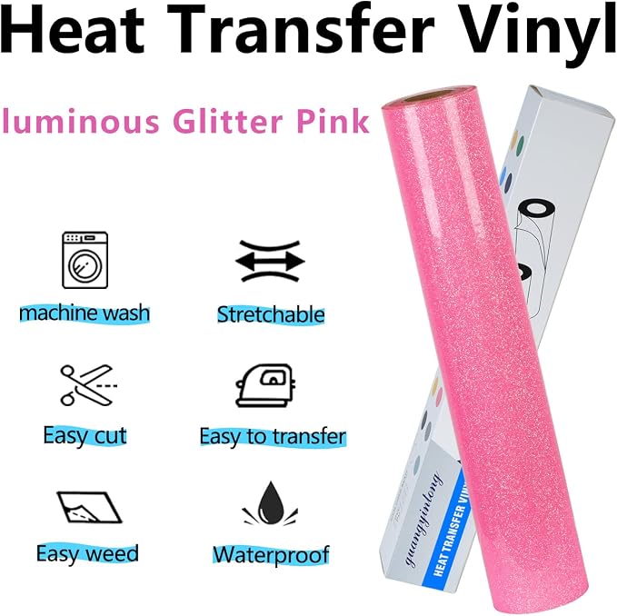 guangyintong Heat Transfer Vinyl Glow Glitter Pink HTV Rolls, Glitter HTV Vinyl