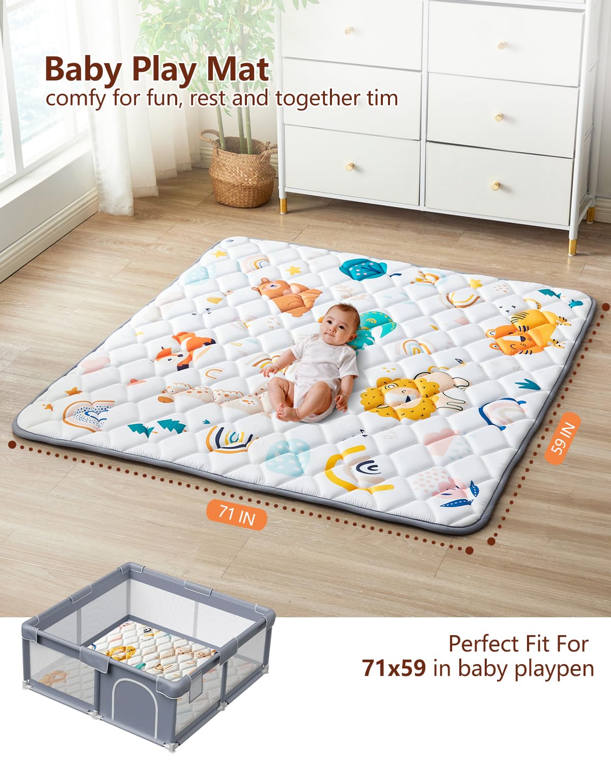 Baby Play Mat 71"x59", Non-Slip Baby Mat for Floor, Soft Thicker Playpen Mat, Portable Playmat, Crawling Mat for Babies, Toddlers & Infants to Play and Learn（Animal）