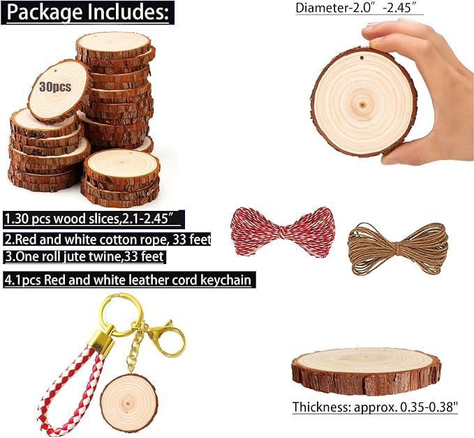 SENMUT Natural Wood Slices 30pcs 2.0"-2.45" Predrilled Wood Circles