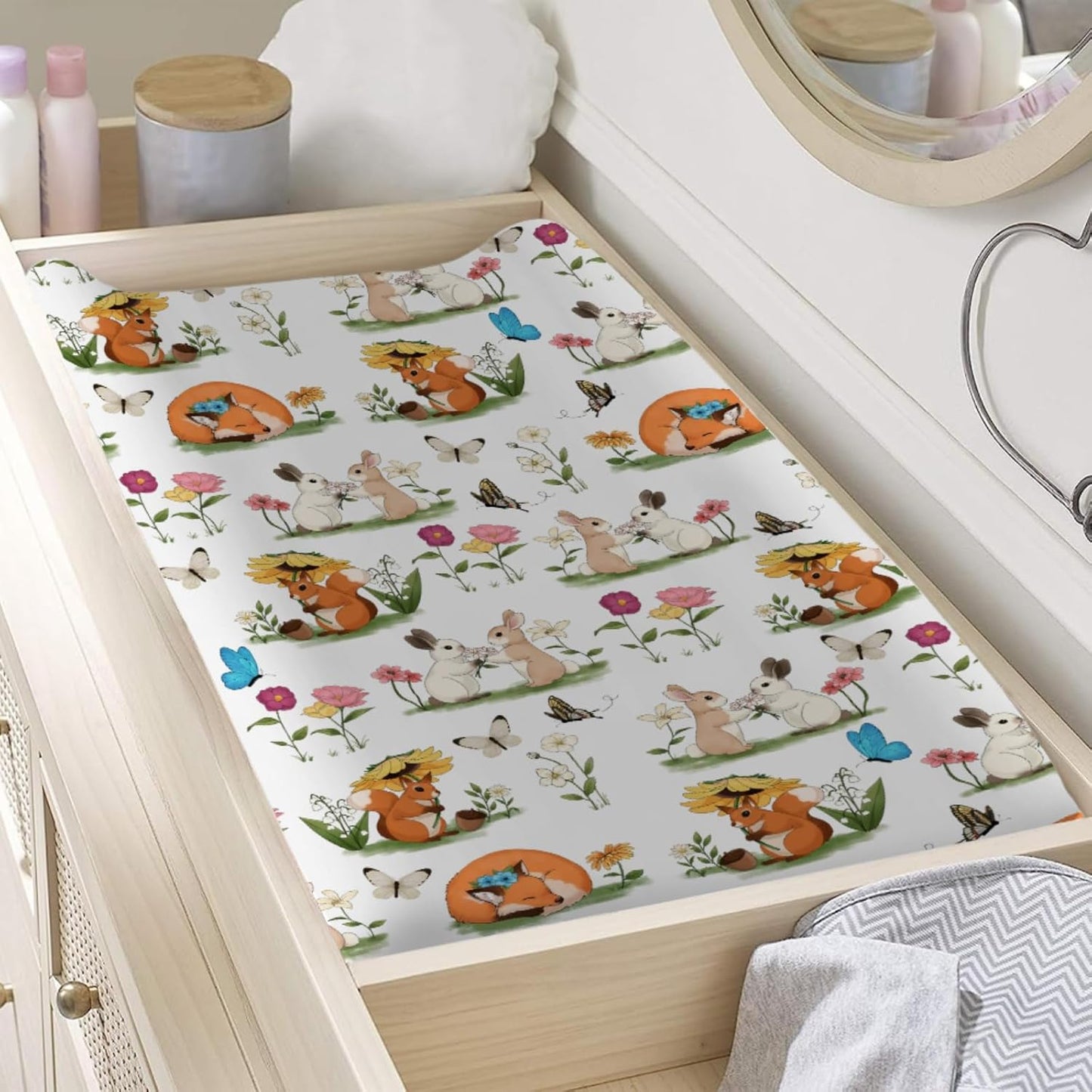 Cute Animals Spring Flowers Baby Changing Pad Covers Boy Girl 32''x16'' Bunny Fox Squirrel Butterflies Floral Fitted Diaper Change Table Mats Forest Soft Breathable Nursery Changing Table Sheets