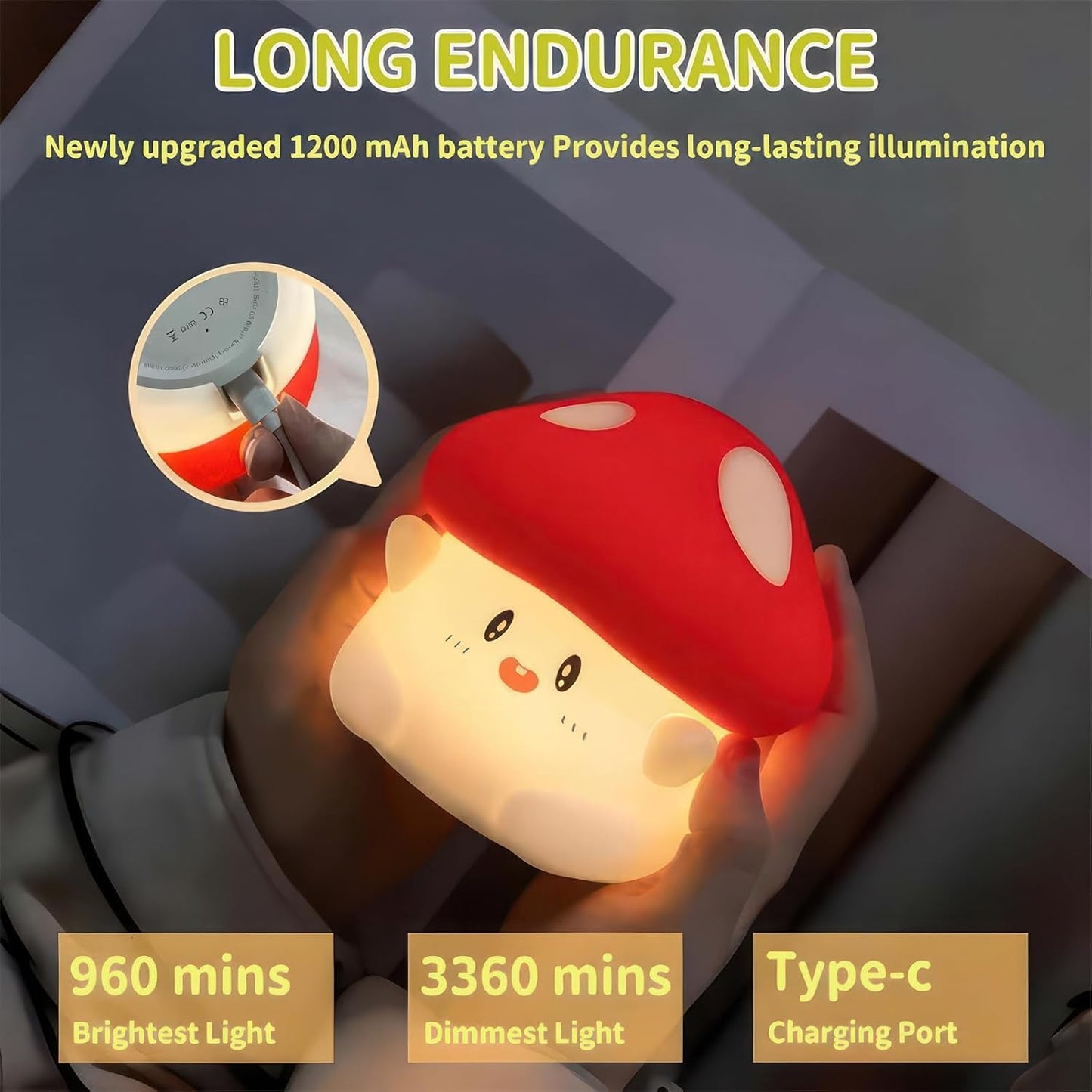 Cordless Mushroom Lamp, Adorable Mushroom Night Light, Soft Silicone Dimmable Night Light for Kids Baby Rooms,Rechargeable Touch Desk Lamp with Timer for Nursery, Dorm Decor