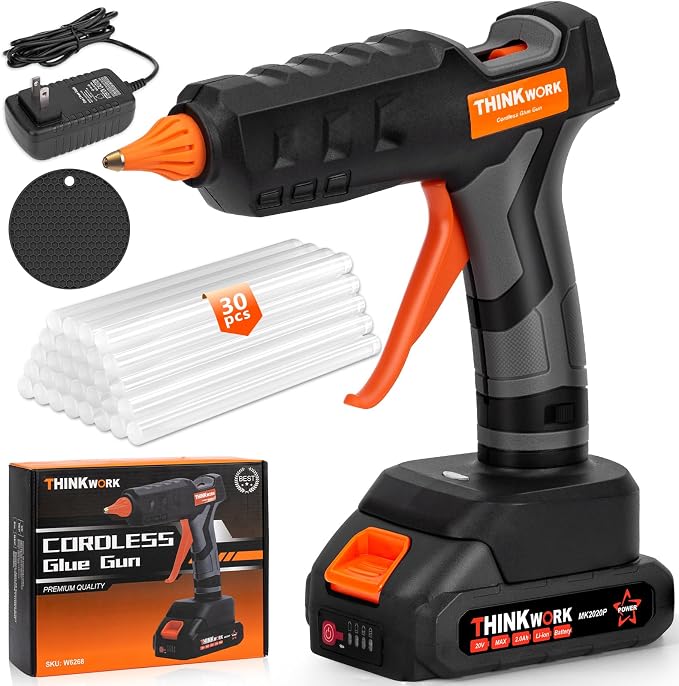 THINKWORK 20V Cordless Hot Glue Gun and Sticks Set, Rechargeable Glue Gun