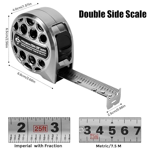Stainless Steel Tape Measure 25Ft/7.5M Double Side Scale Metric & Imperial |
