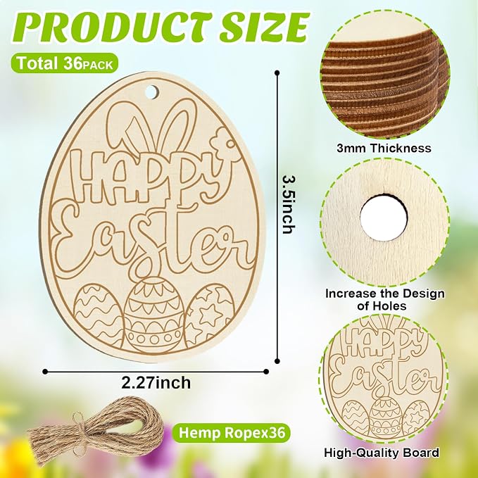 36PCS Wooden Easter Ornaments to Paint, 6 Styles DIY Blank Unfinished Wood Egg