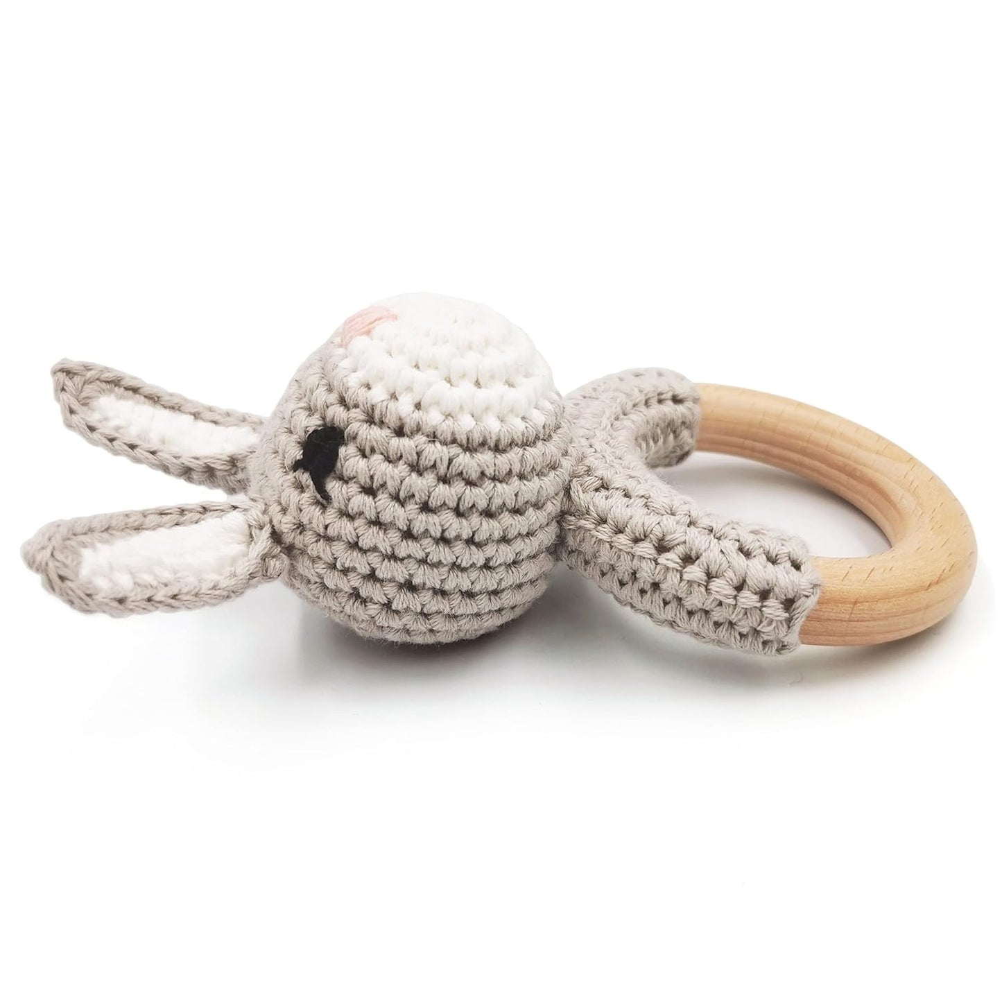 Joliecraft Natural Wooden Baby Rattle Soft Shaker Toy with Teething Ring for Infants Gray Bunny