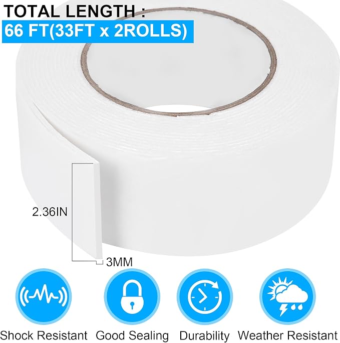Double Sided Foam Tape 2.36In x 33FT 2 Pack, Mounting Tape Heavy Duty, Strong