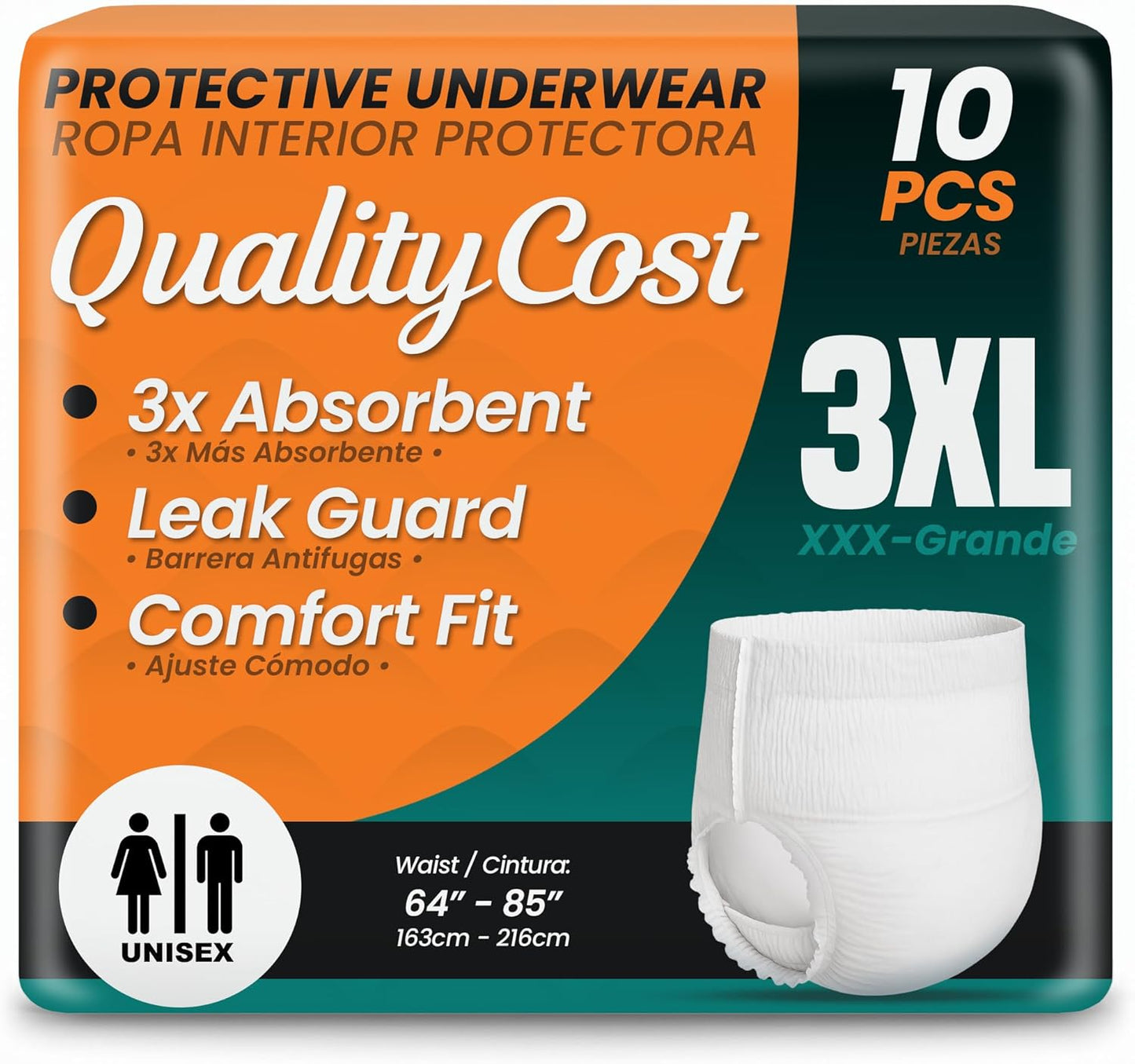 QualityCost Adult Incontinence Underwear Pull-Up, 10Pack, Heavy Duty Briefs for Men and Women, Maximum Absorbency, Leak Proof, Disposable Pull-Ups for Overnight Protection, Size 3XL (64-85 inch Waist)