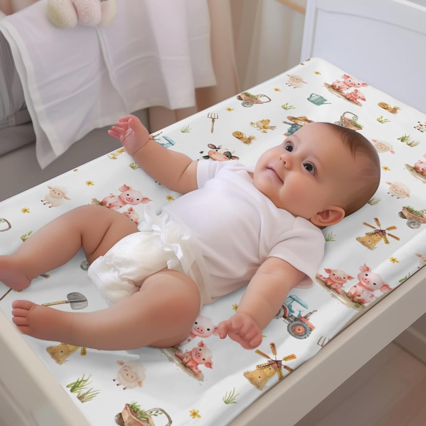 Soft 2 Pack Farm Animal Cow Sheep Pigs Tractor Pattern Baby Changing Pad Covers for Infant Newborn, Unisex Farm Nursery Fitted Diaper Changing Table Pad Mat Sheets for Boys Girls-16x32