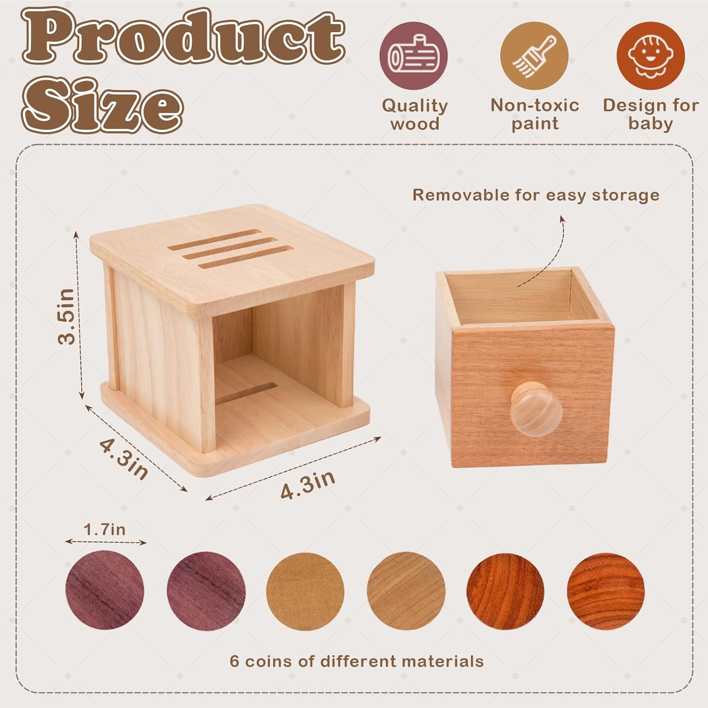 Adena Montessori Infant Toddlers Coin Box Montessori Toys for 6-12 Months Babies 1 Year 2 Year Old (Natrual Wood)