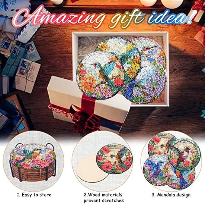 8 Pack Diamond Art Coasters, Hummingbird flowers Diamond Painting Coasters |