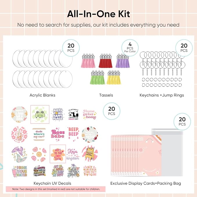 YOPPIX 140 PCS Acrylic Keychain Blank Set, Funny Double-Sided UV DTF Stickers