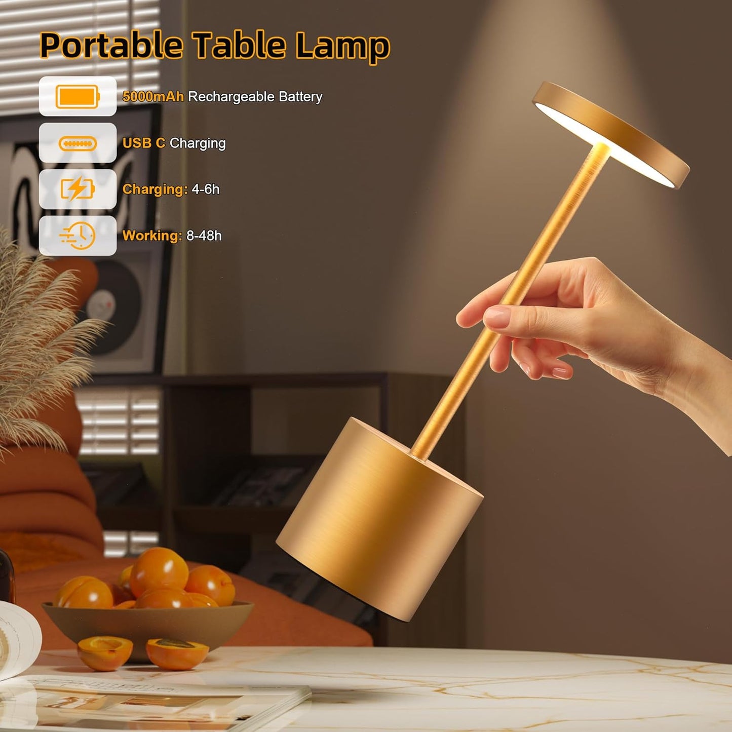 Cordless Table Lamps Rechargeable - Outdoor Waterproof LED Table Light Portable 5000mAh Battery Operated Lamp 3 Color Stepless Dimming with Memory Function for Restaurant Dining Patio Gold